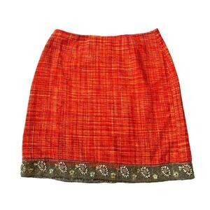 Josephine Chaus Medium Orange Tweed-Style Skirt with Embroidered Floral Hem